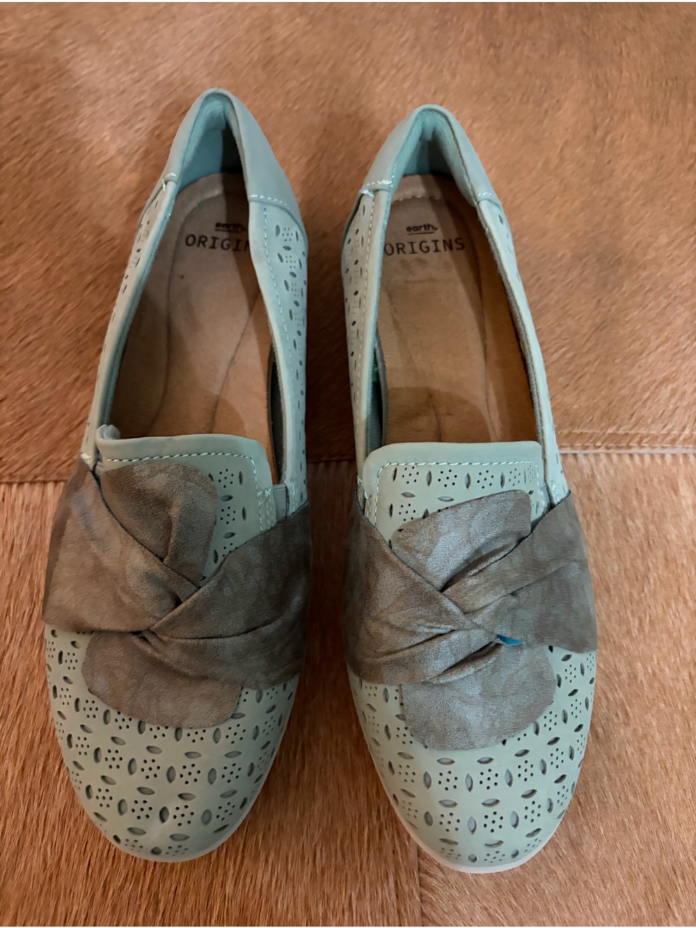 Earth Origins Mint Green Perforated Loafers with Twist Bow